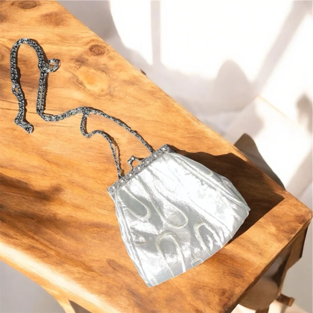 Purse Evening Bag Vintage Silver Embroidered Rhinestones Prom Wedding Formal - Picture 1 of 16